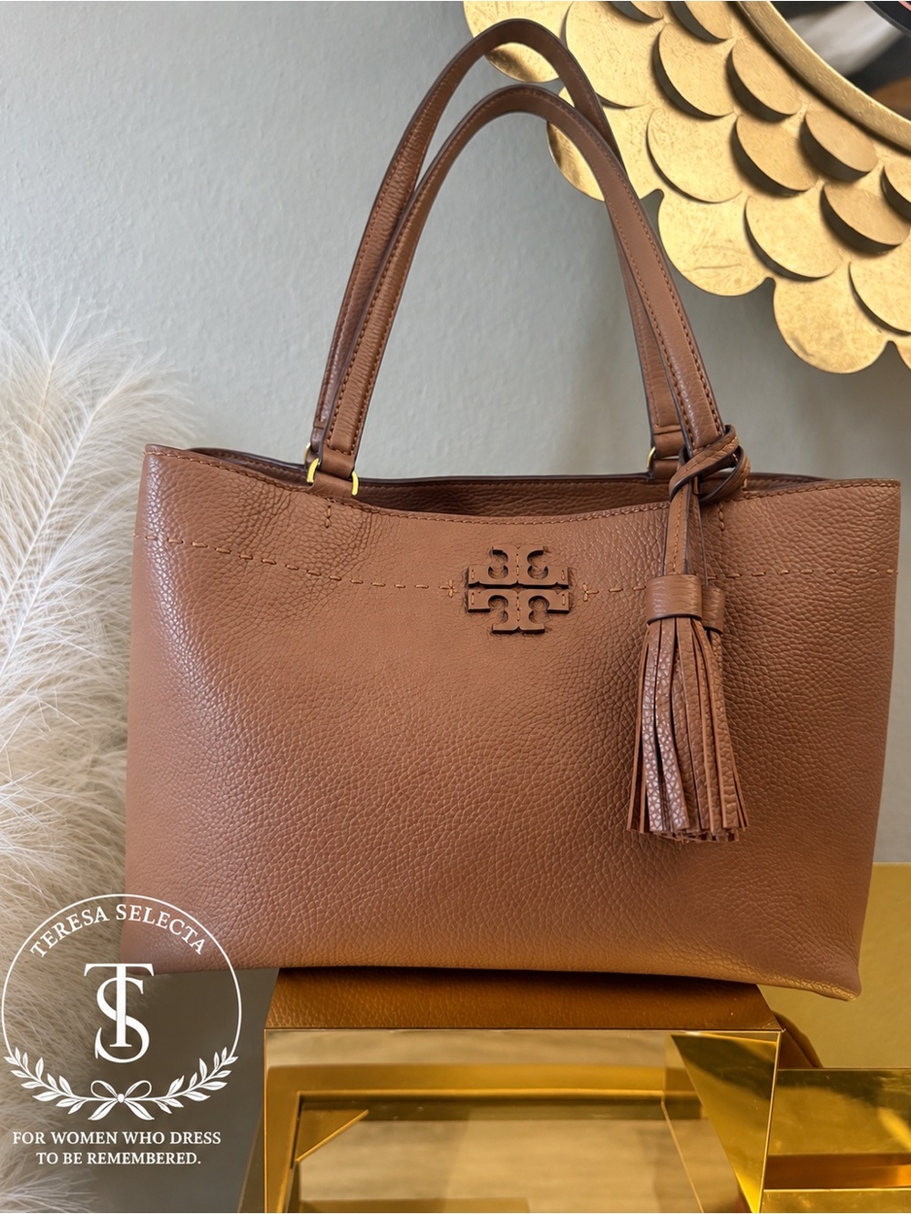 Tory Burch Brown Pebbled Leather Tassel Tote Bag